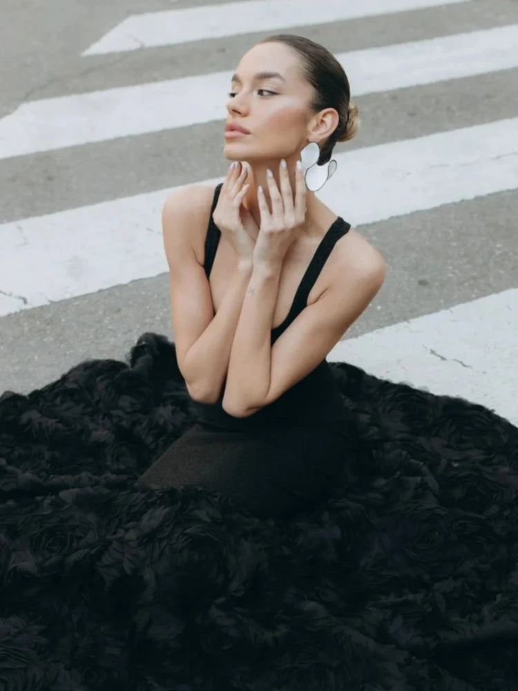 Black Mermaid Maxi Dress with Floral Trumpet Hem - additional product angle