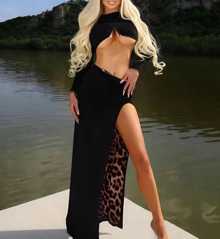 2 Piece Long Sleeves Crop Top And Sexy High Slit Long Skirt Suit