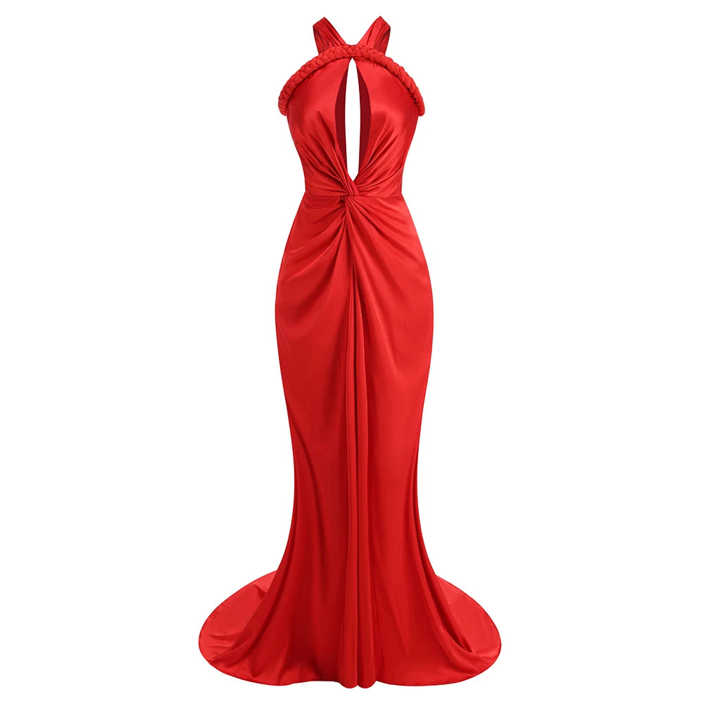 Luxury satin fabric detail on asymmetrical strappy evening gown in red