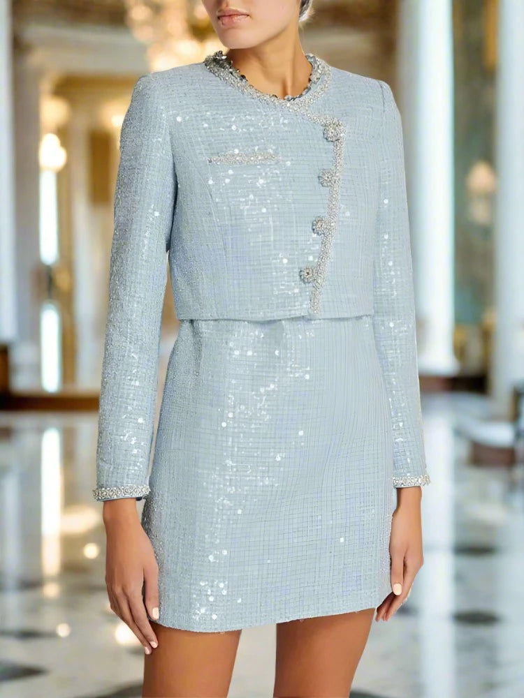 Blue Tweed Sequin Skirt-Suit