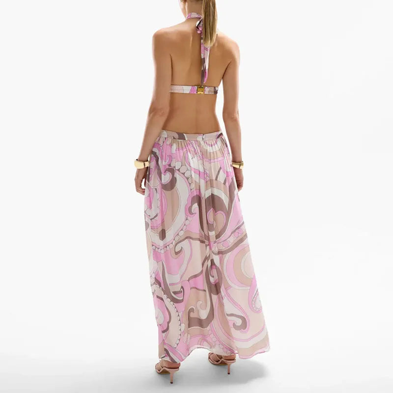 Back view of cutout maxi dress showing halter tie
