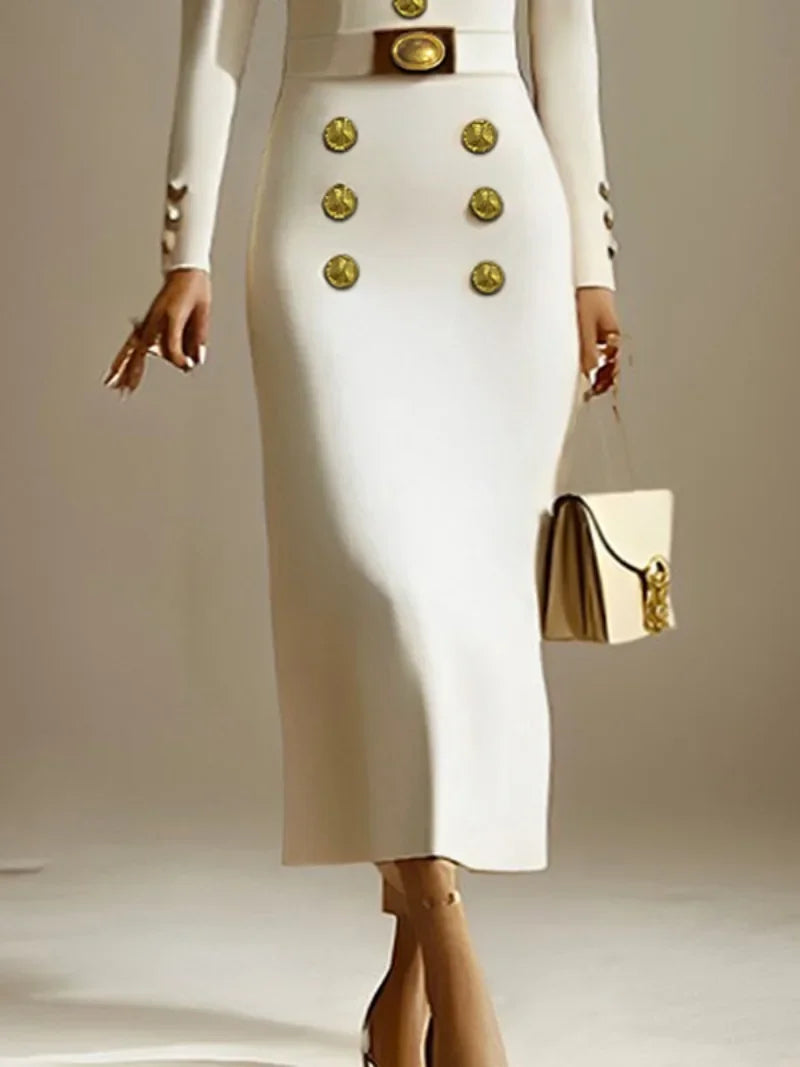 Gold Button Embellished Long Sleeve Midi Dress