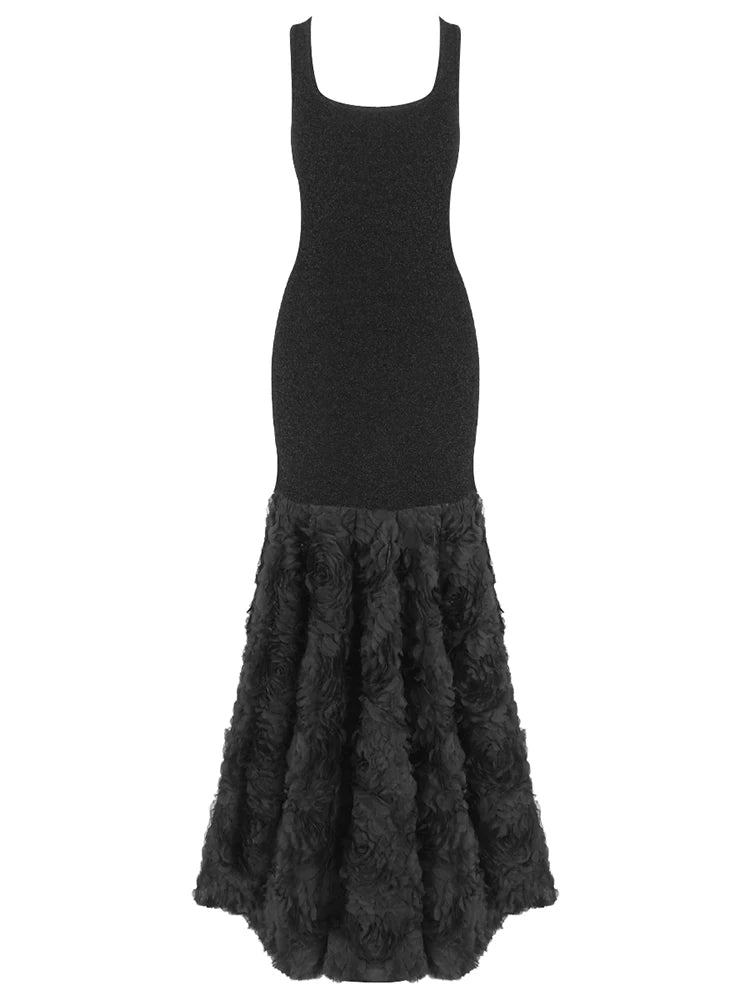 Front view of black mermaid maxi dress on mannequin displaying sleek fitted bodice and floral trumpet hem