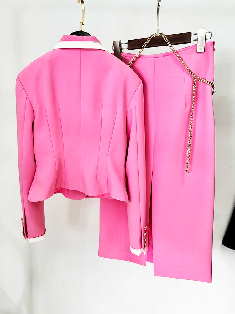 Women's Pink Blazer and Midi Skirt Suit Set