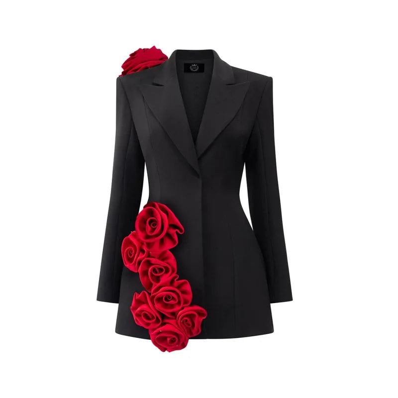 Black Womens Blazer Dress With Red Handmade Flower Details