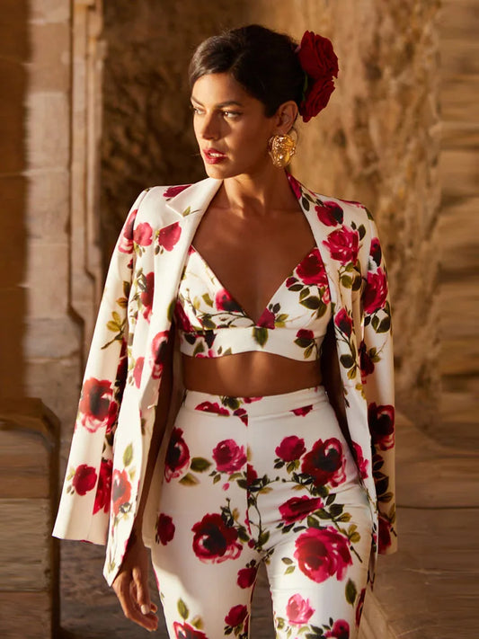 Floral Printed Single Button Blazer Bra & Pant Set