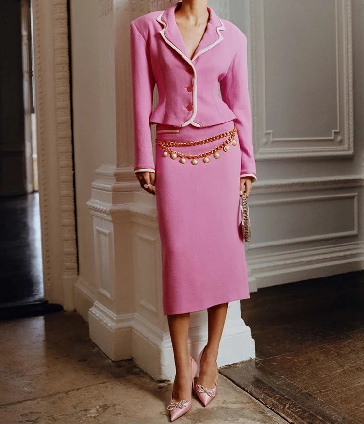 Women's Pink Blazer and Midi Skirt Suit Set