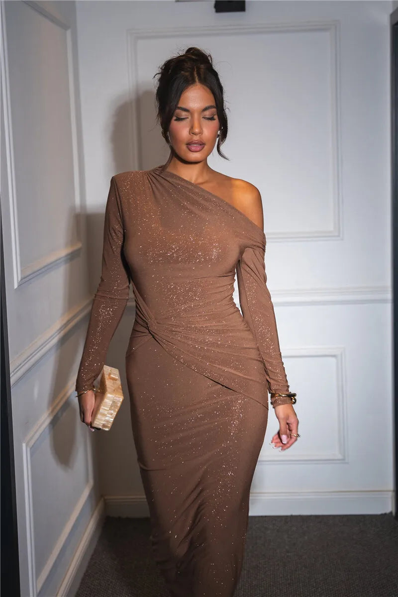 Sparkles Long Sleeve One-Shoulder Bodycon Ruched Maxi Dress