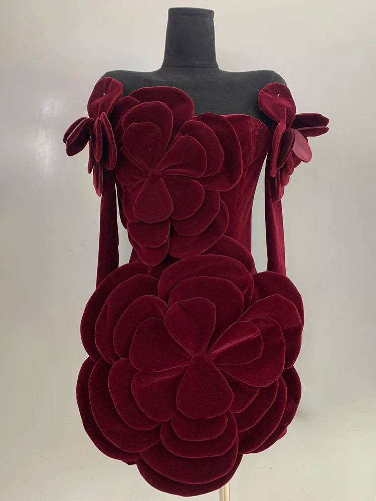 Women's Red Big Flower Velvet Mini Dress  Women