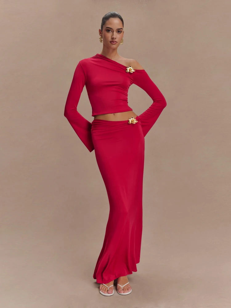 Women's two-piece maxi skirt and crop top set in red