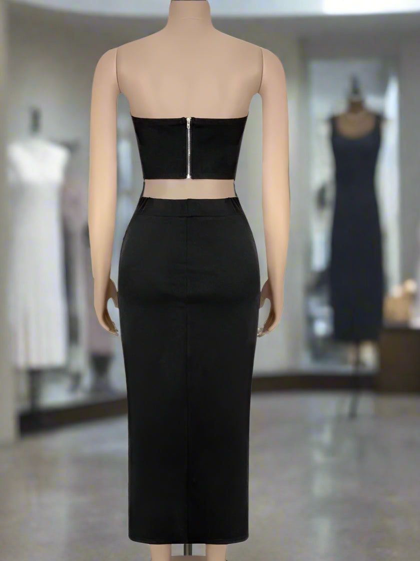 Back view of matching skirt set with crop top