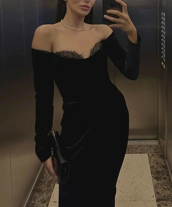 Black Velvet and Lace Midi Dress