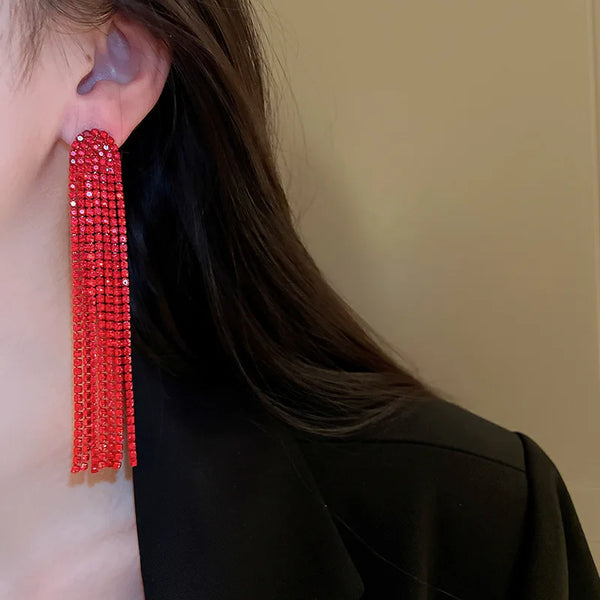 Ruby Red Long Rhinestone Tassel Earrings