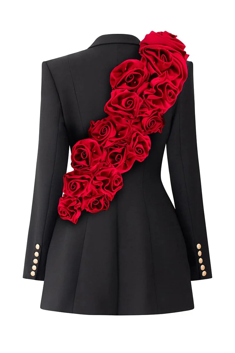 Black Womens Blazer Dress With Red Handmade Flower Details