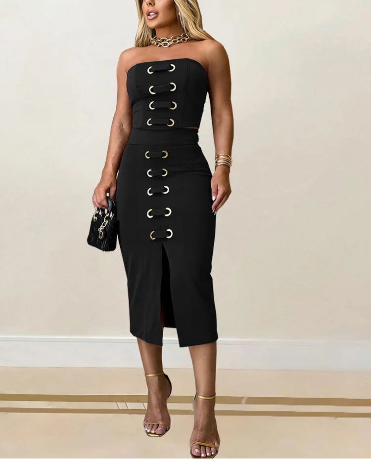 Model showcasing two-piece coordinated outfit