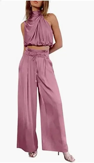 Two-Piece Pleated Wide Leg Pants and Sleeveless Top