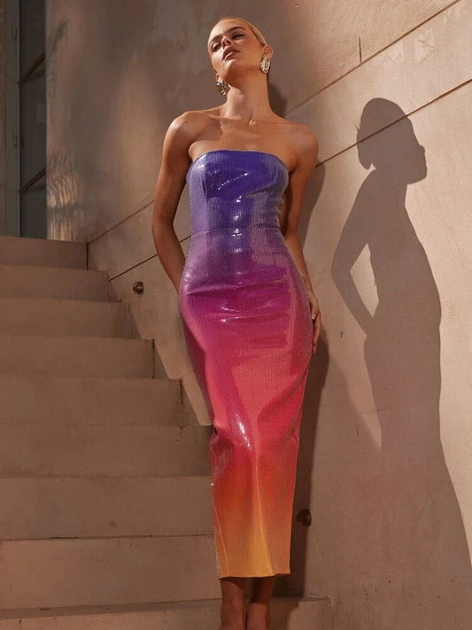 Gradient Sunset Sequin Midi Dress