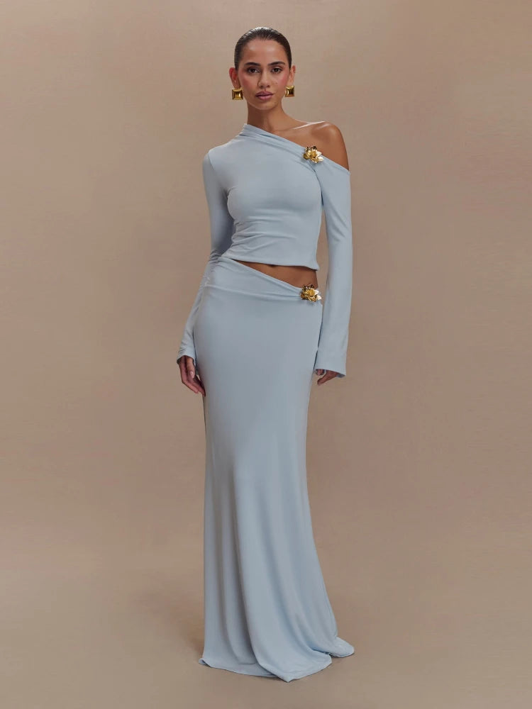 Women's two-piece maxi skirt and crop top set in blue