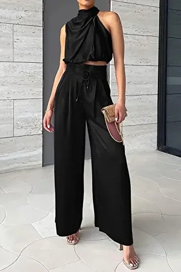 Two-Piece Pleated Wide Leg Pants and Sleeveless Top