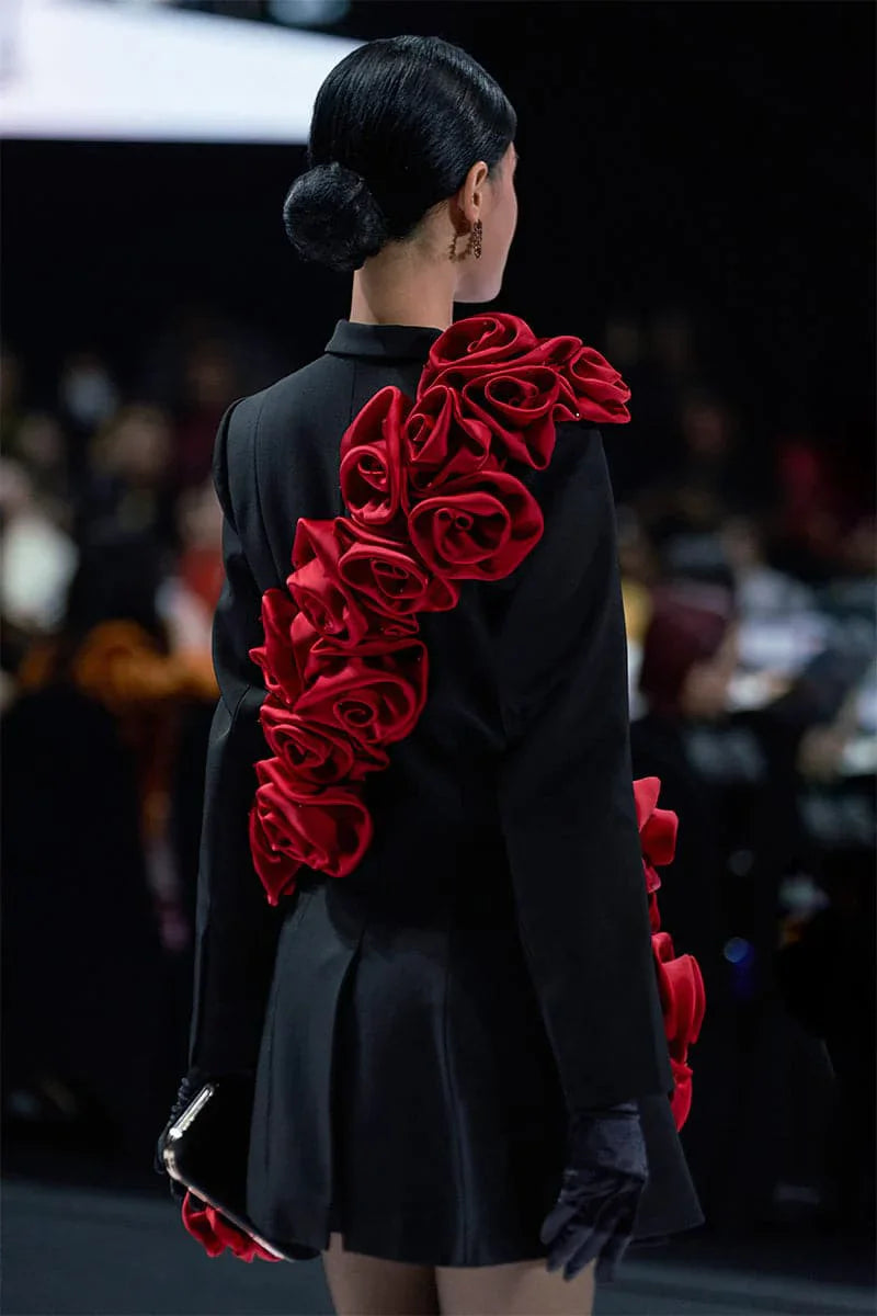 Black Womens Blazer Dress With Red Handmade Flower Details