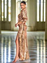 Golden Sequin Two-Piece Skirt Suit