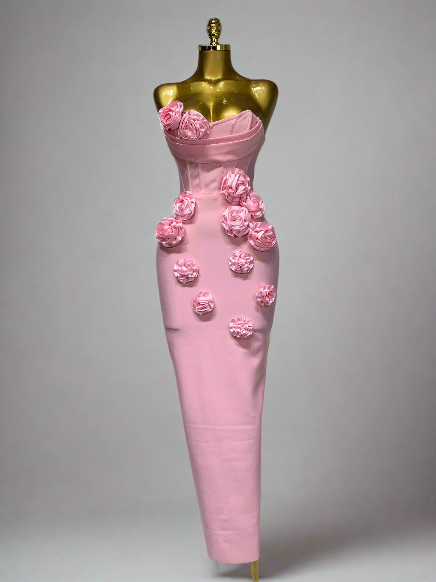 Strapless Flower Appliqué Bandage Dress