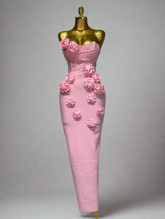 Strapless Flower Appliqué Bandage Dress