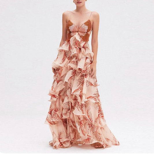 Butterfly Print Ruffle Maxi Dress