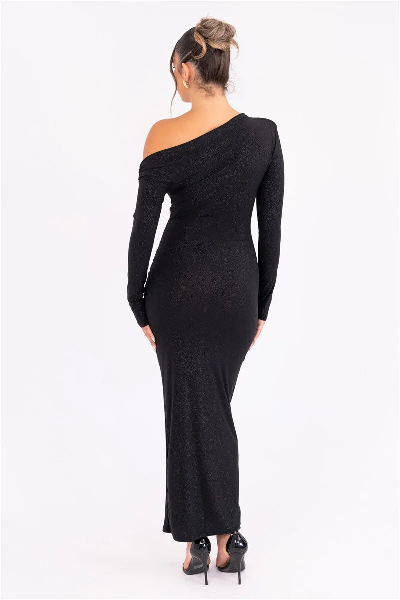 Sparkles Long Sleeve One-Shoulder Bodycon Ruched Maxi Dress