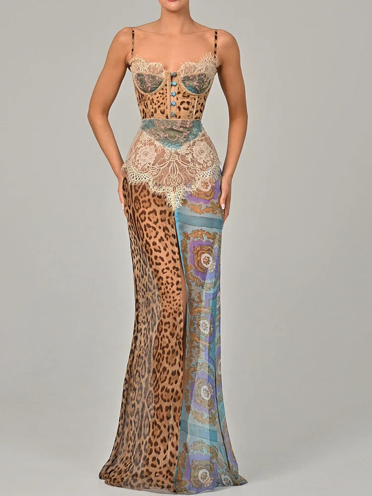 Chiffon Print Leopard High Slit Baroque Womens Dress