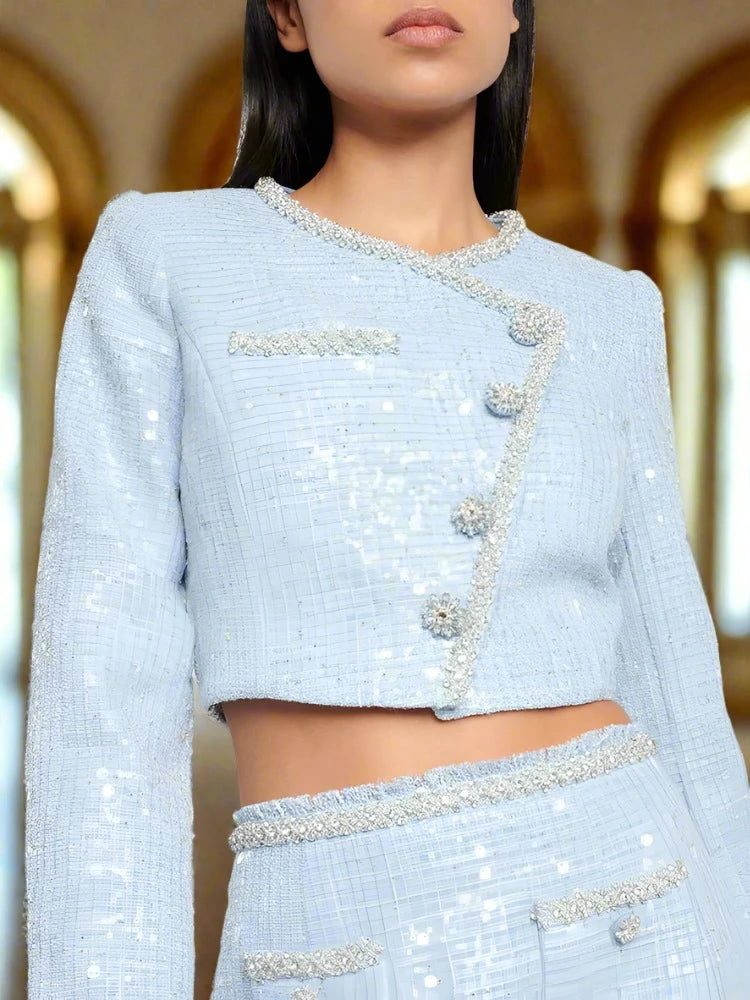 Blue Tweed Sequin Skirt-Suit