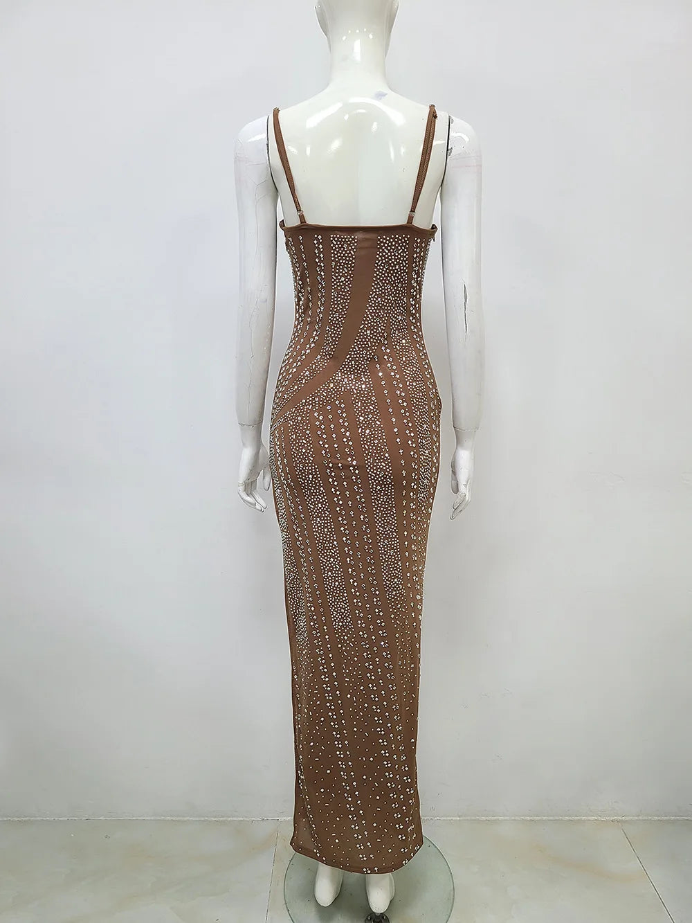 Brown Rhinestone Camisole Dress for Women Ready-to-wear Evening Gown