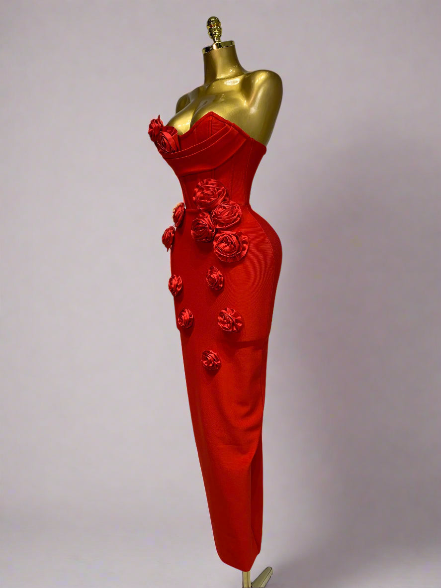 Strapless Flower Appliqué Bandage Dress