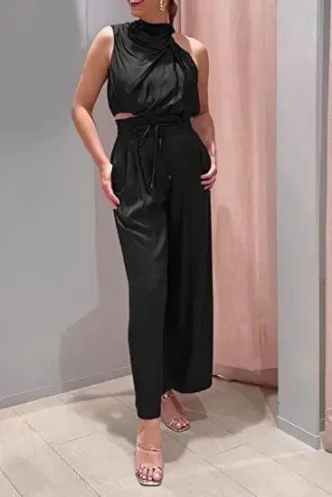 Two-Piece Pleated Wide Leg Pants and Sleeveless Top